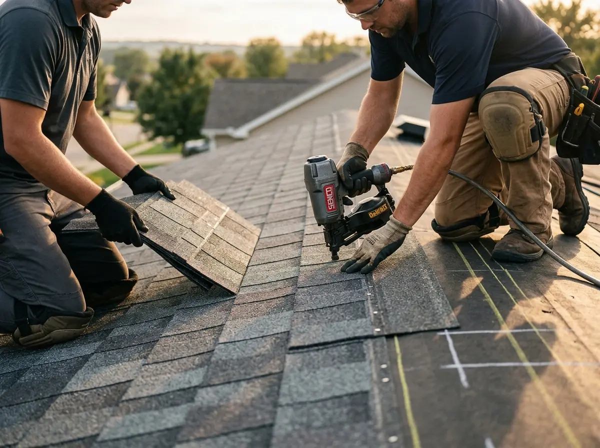 Professional roofer working on a residential roof in Fort Mill